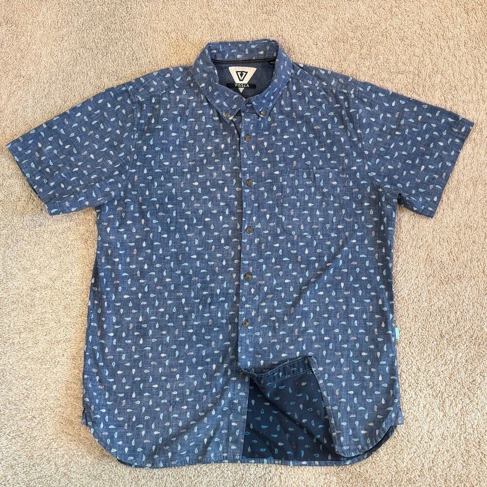 VISSLA Men's Blue Patterned Short Sleeve Button-Down Shirt
